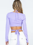 back view of model wearing Princess Polly Anslea Long Sleeve Top Purple 