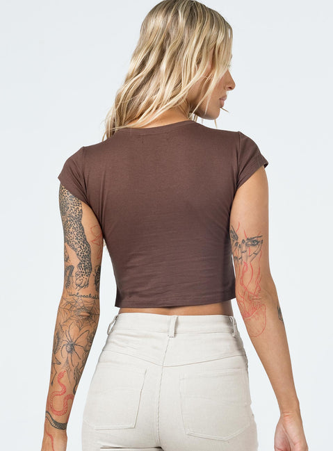 back view of model wearing Princess Polly Motel Tinsi Top Deep Mahogany Cream of the Crop 