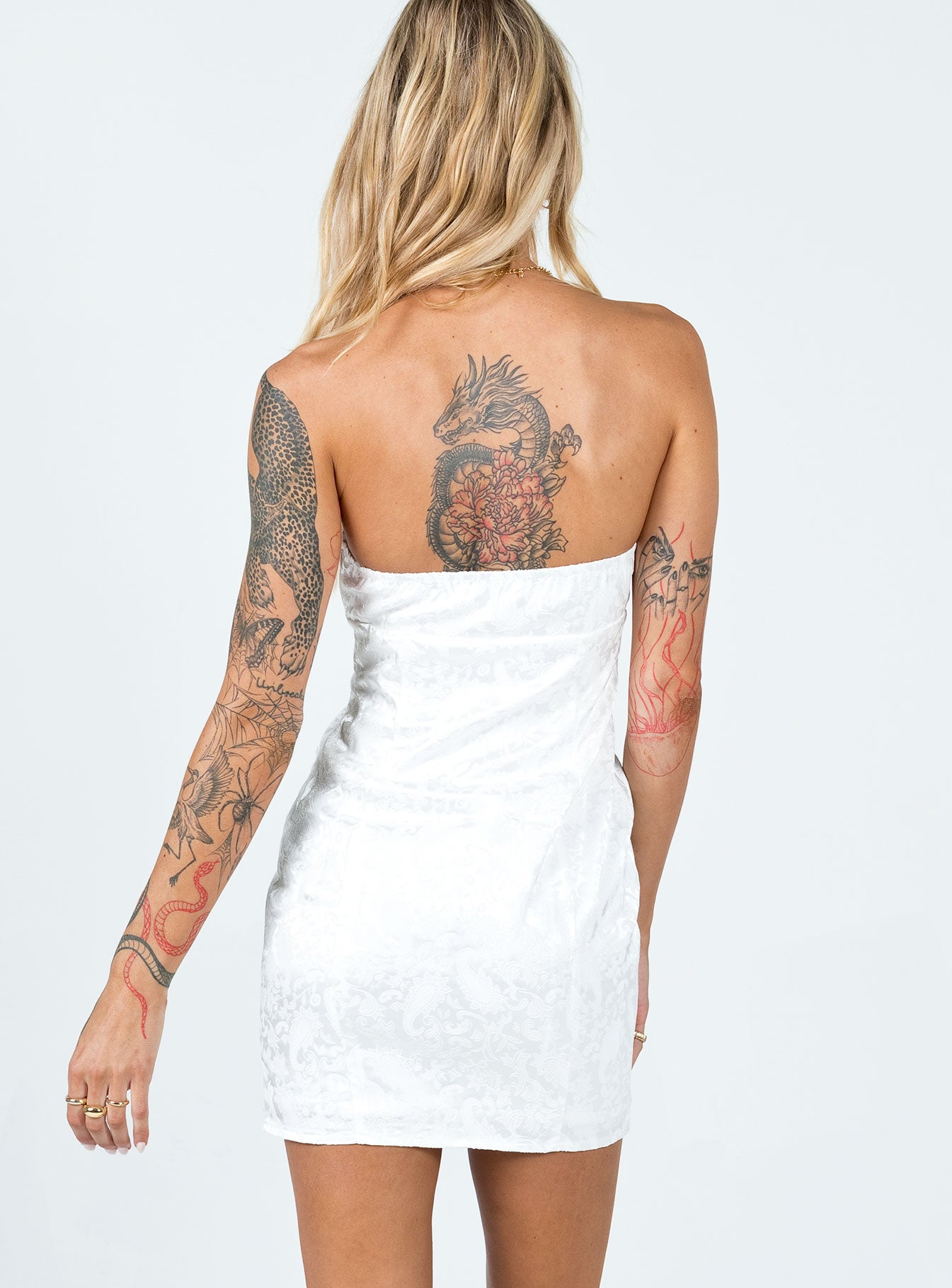 back view of model wearing Princess Polly Skyline Mini Dress White 