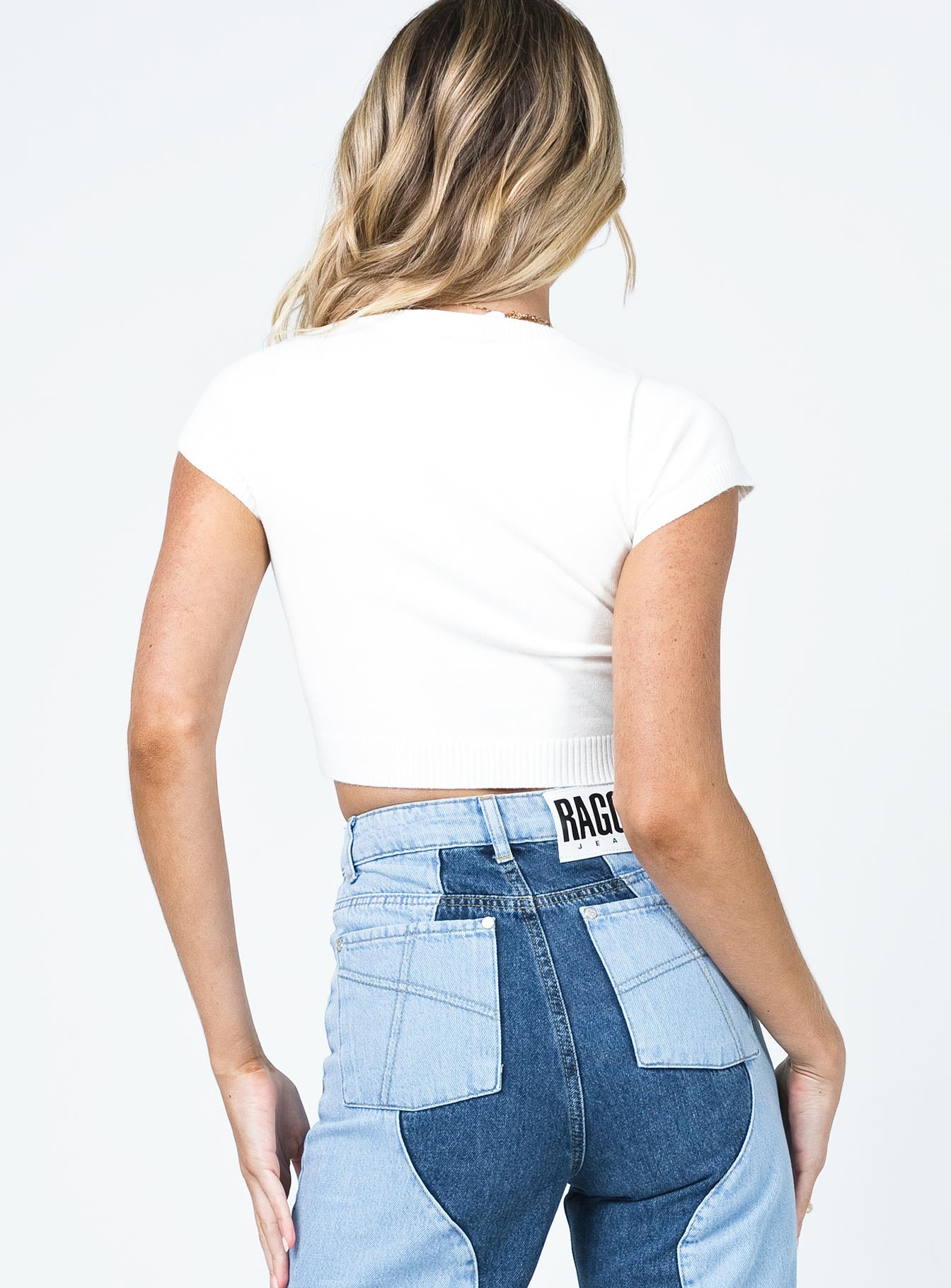 back view of model wearing Princess Polly Sunshine On A Rainy Day Knit Top White 