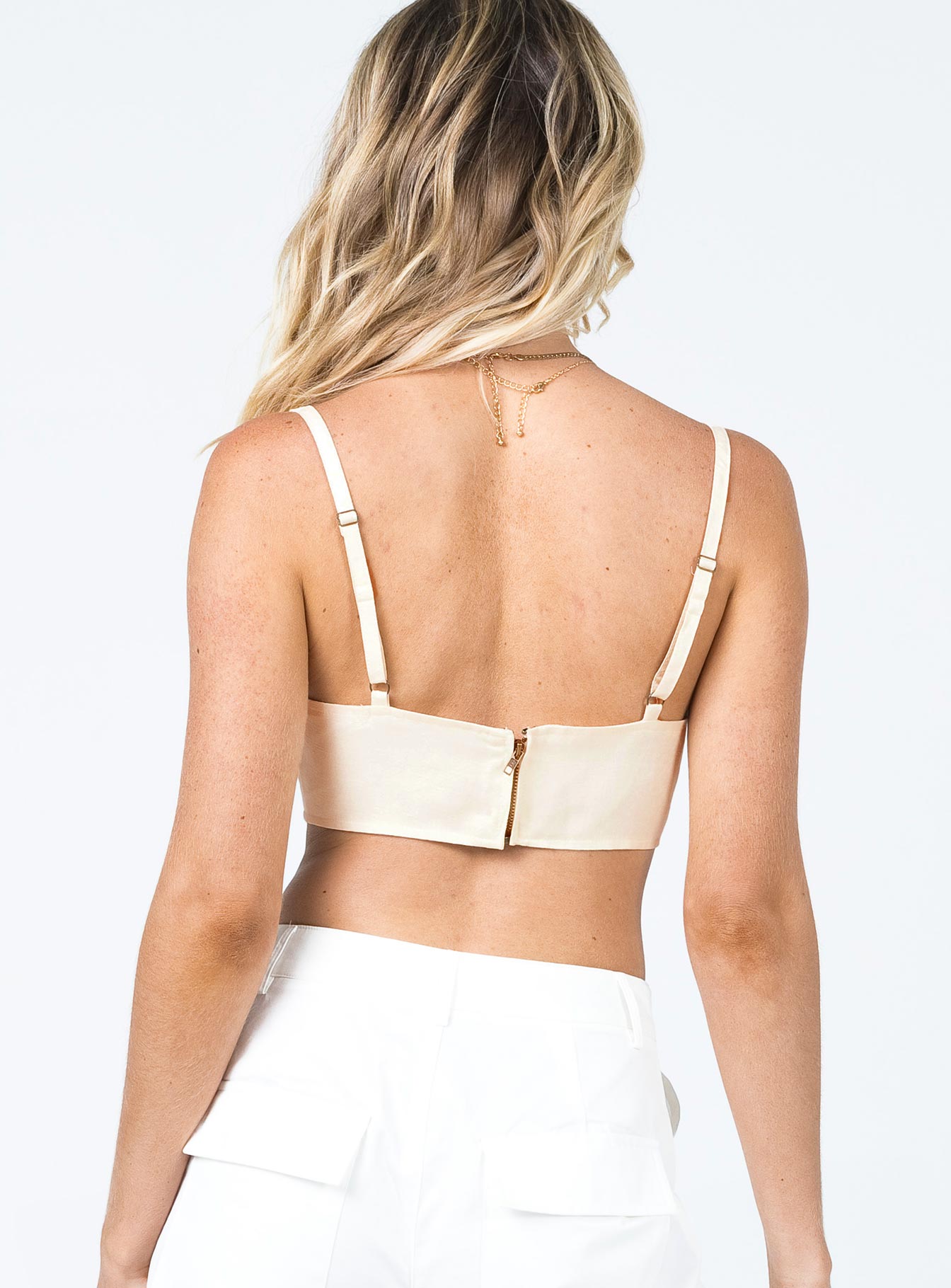 back view of model wearing Princess Polly Tanis Corset Off White 