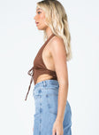 side view of model wearing Princess Polly Kylan Bodysuit Brown Sleeveless Plunger 