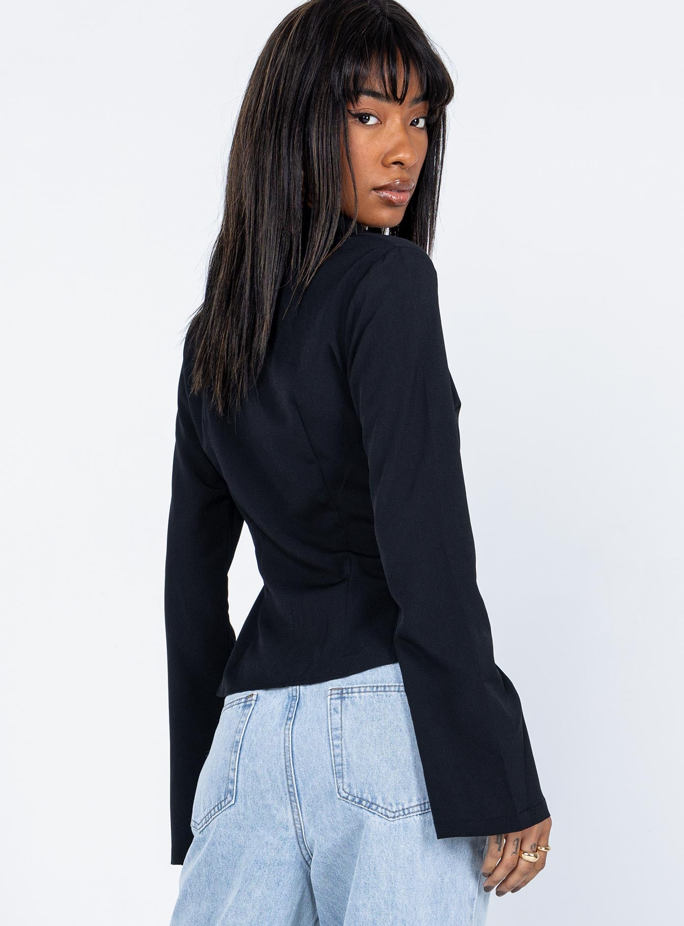 back view of model wearing Princess Polly Anni Shirt Black 