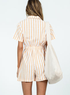 Orange romper Stripe print  Lapel collar  Button front fastening  Twin chest pockets  Elasticated waistband 