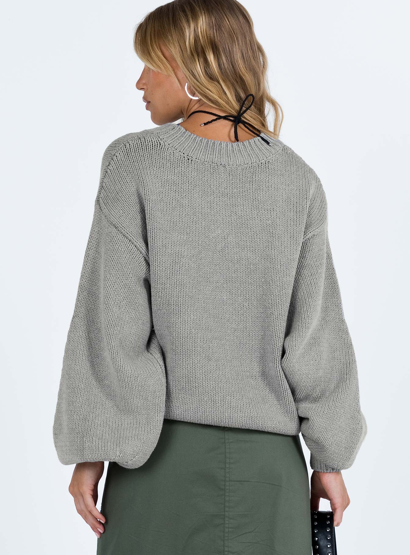 back view of model wearing Princess Polly Harmony Balloon Sleeve Knit Sweater Grey Long 