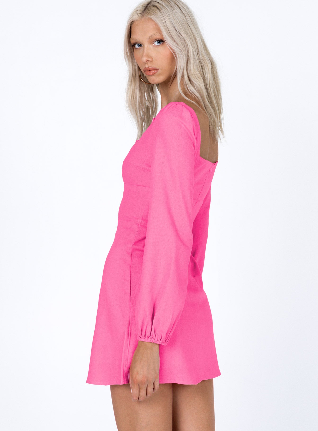 side view of model wearing Princess Polly Hastings Long Sleeve Mini Dress Pink 