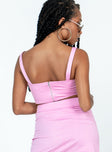 Pink corset top Fixed shoulder straps  D-ring detailing on straps Boning through front  Pointed hem  Zip fastening at back 