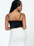Black crop top Silky material Adjustable shoulder straps Pearl detailing on neckline Invisible zip fastening at side