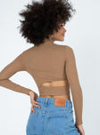 back view of model wearing Princess Polly Gabriella Long Sleeve Top Beige 