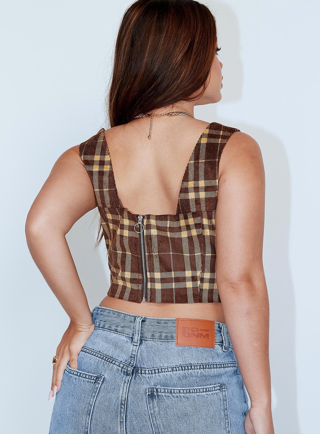 back view of model wearing Princess Polly Cheyenne Top Brown 