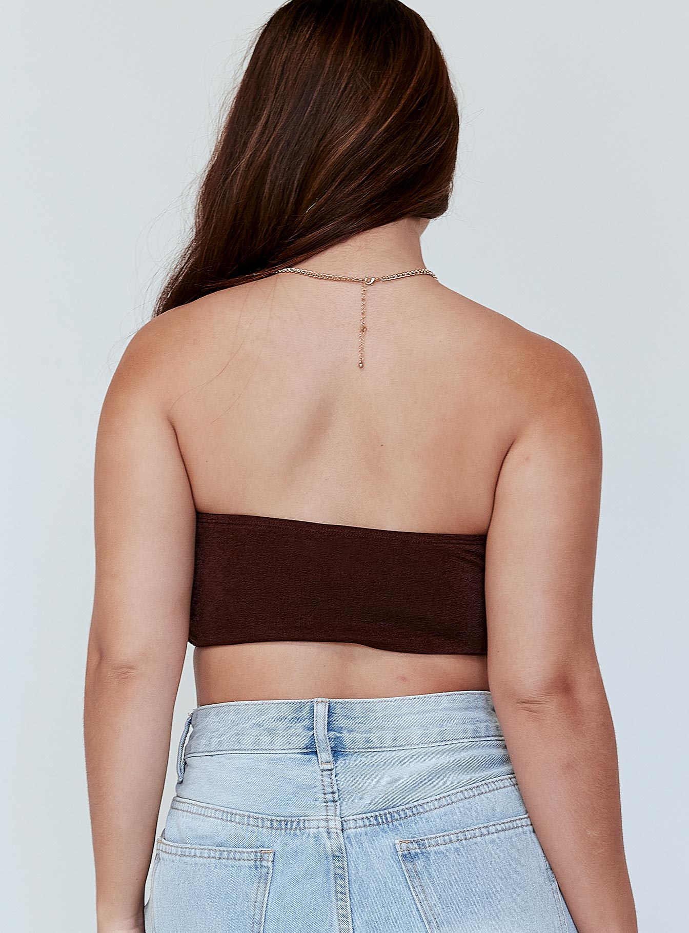 back view of model wearing Princess Polly Lomez Top Brown 