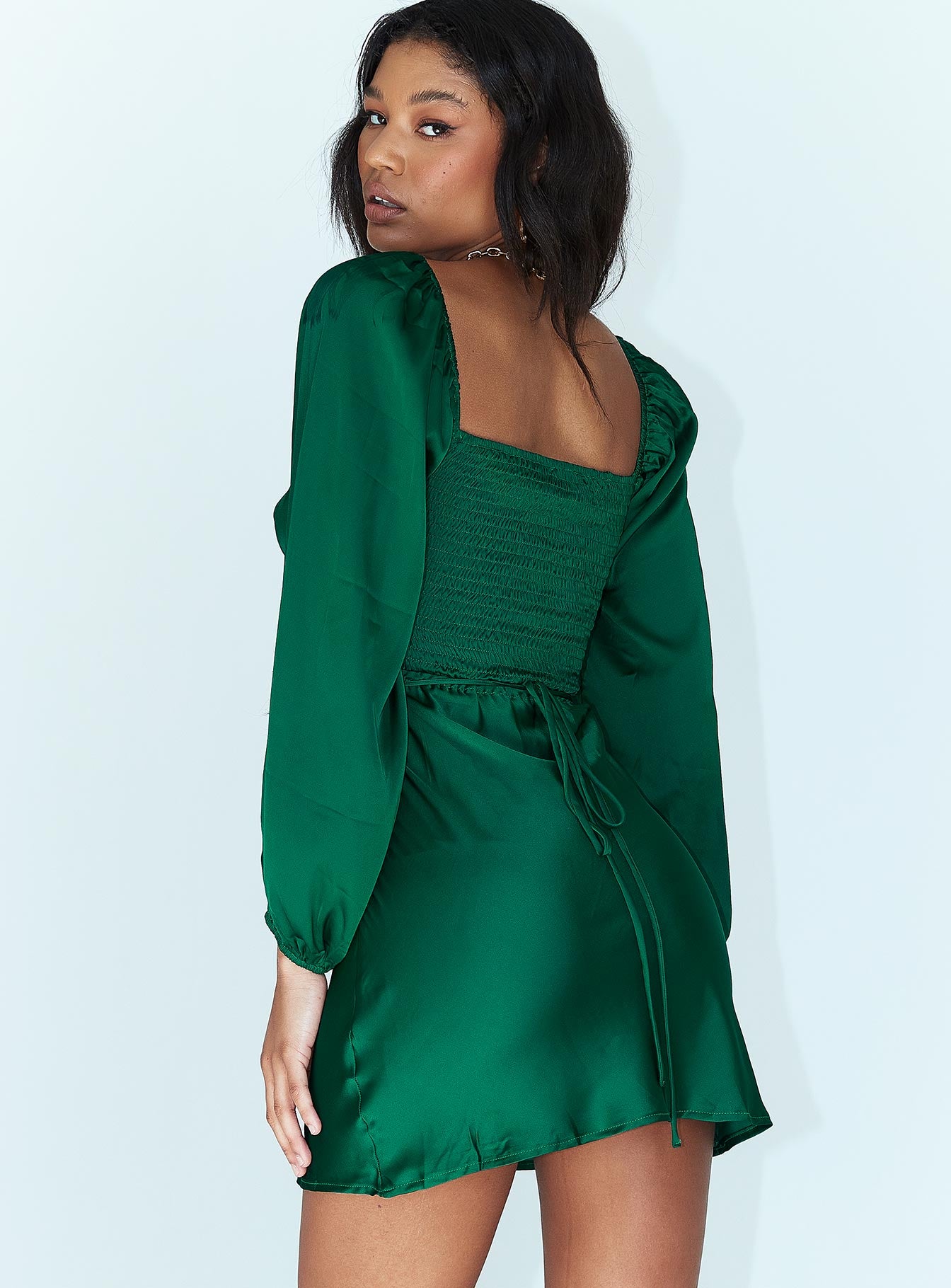 back view of model wearing Princess Polly Nakita Long Sleeve Mini Dress Green 