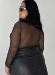 back view of model wearing Princess Polly Leonie Bodysuit Black Curve Full Sleeves Plunger 