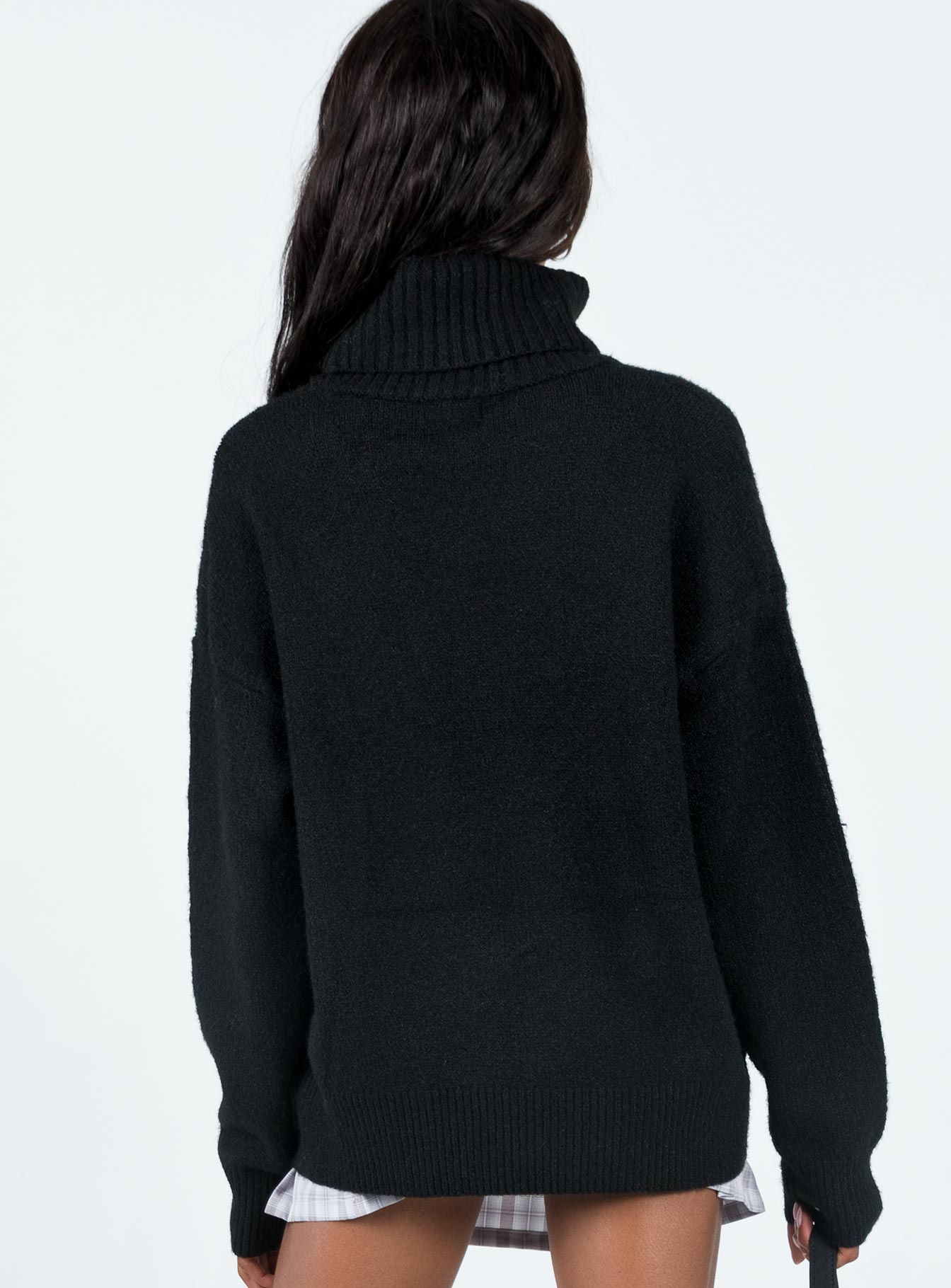 back view of model wearing Princess Polly Oswin Turtleneck Sweater Black Long 