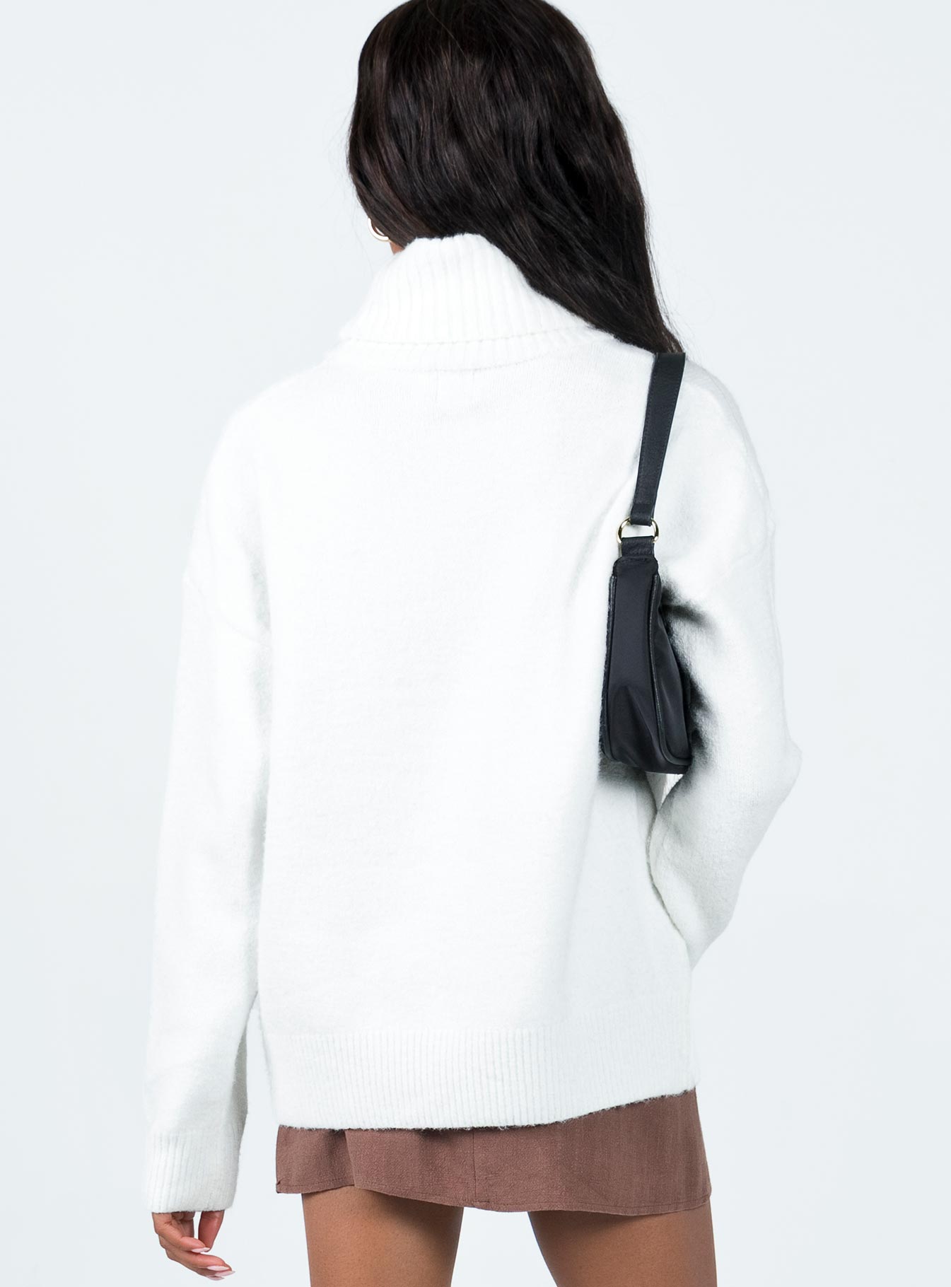 back view of model wearing Princess Polly Oswin Turtleneck Sweater White Long 