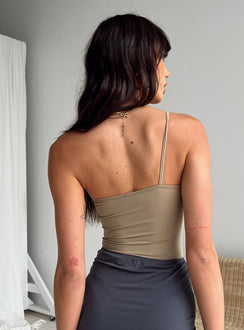 back view of model wearing Princess Polly Hutter Bodysuit Beige Sleeveless Asymmetric Neckline 