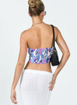 Floral print  Strapless top  Inner silicone strip at bust  Invisible zip fastening at side  Keyhole cut out  Shirred back panel 