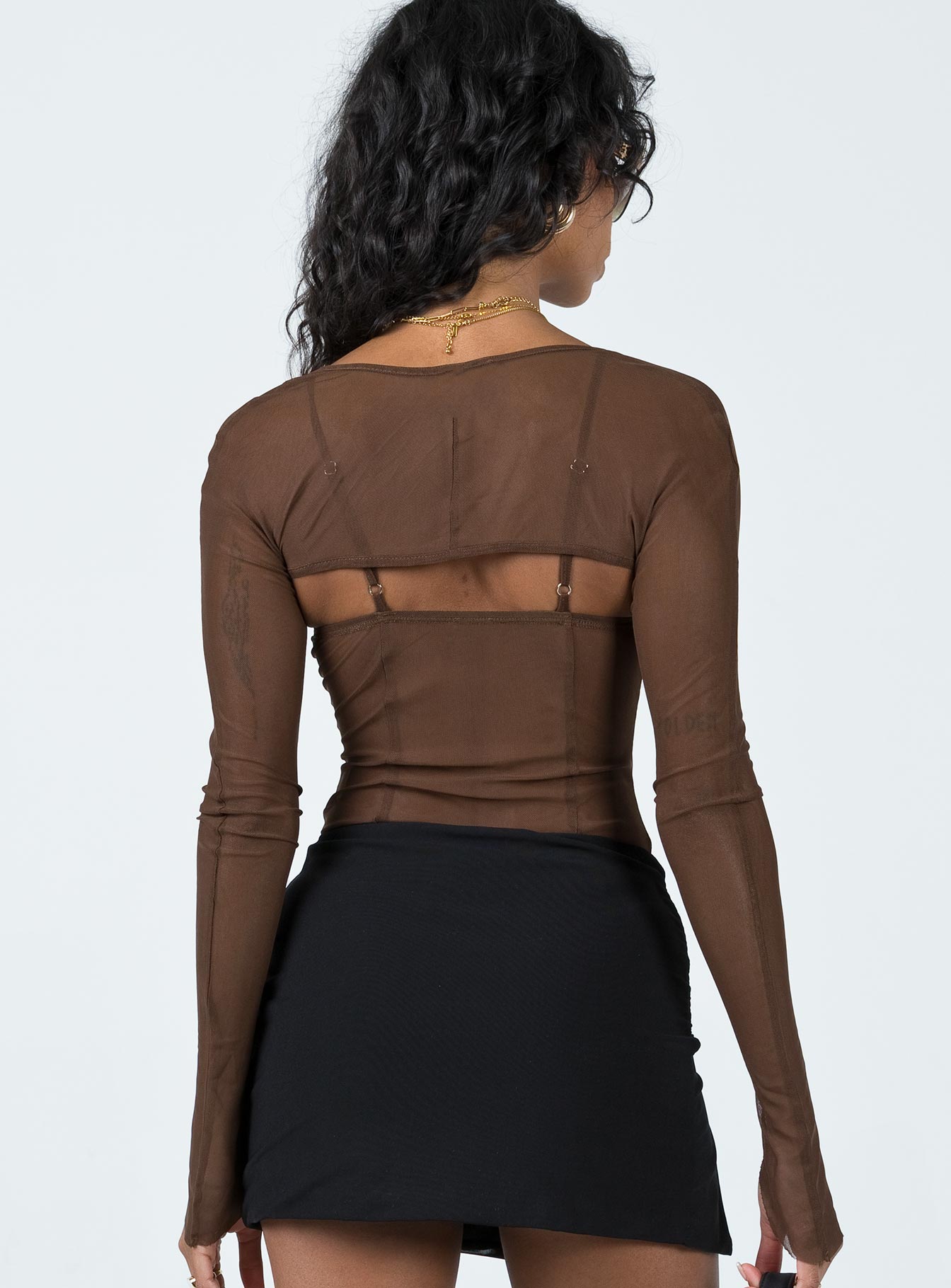 back view of model wearing Princess Polly Buena Bolero Bodysuit Chocolate Full Sleeves Square Neck 