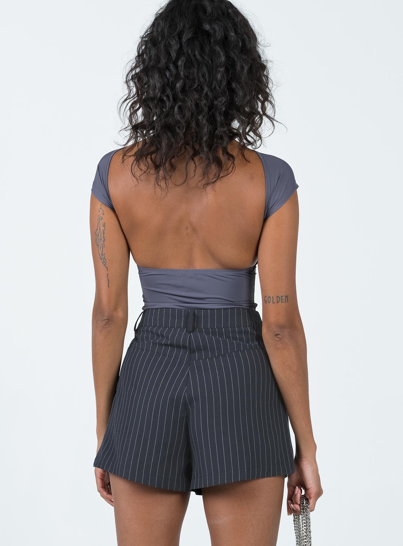Shorts Pinstripe print Belt looped waist Zip & button fastening Twin hip pockets