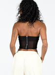 Strapless top Sheer mesh material  Inner silicone strip at bust  Boning throughout  Zip fastening at back Lined bust 