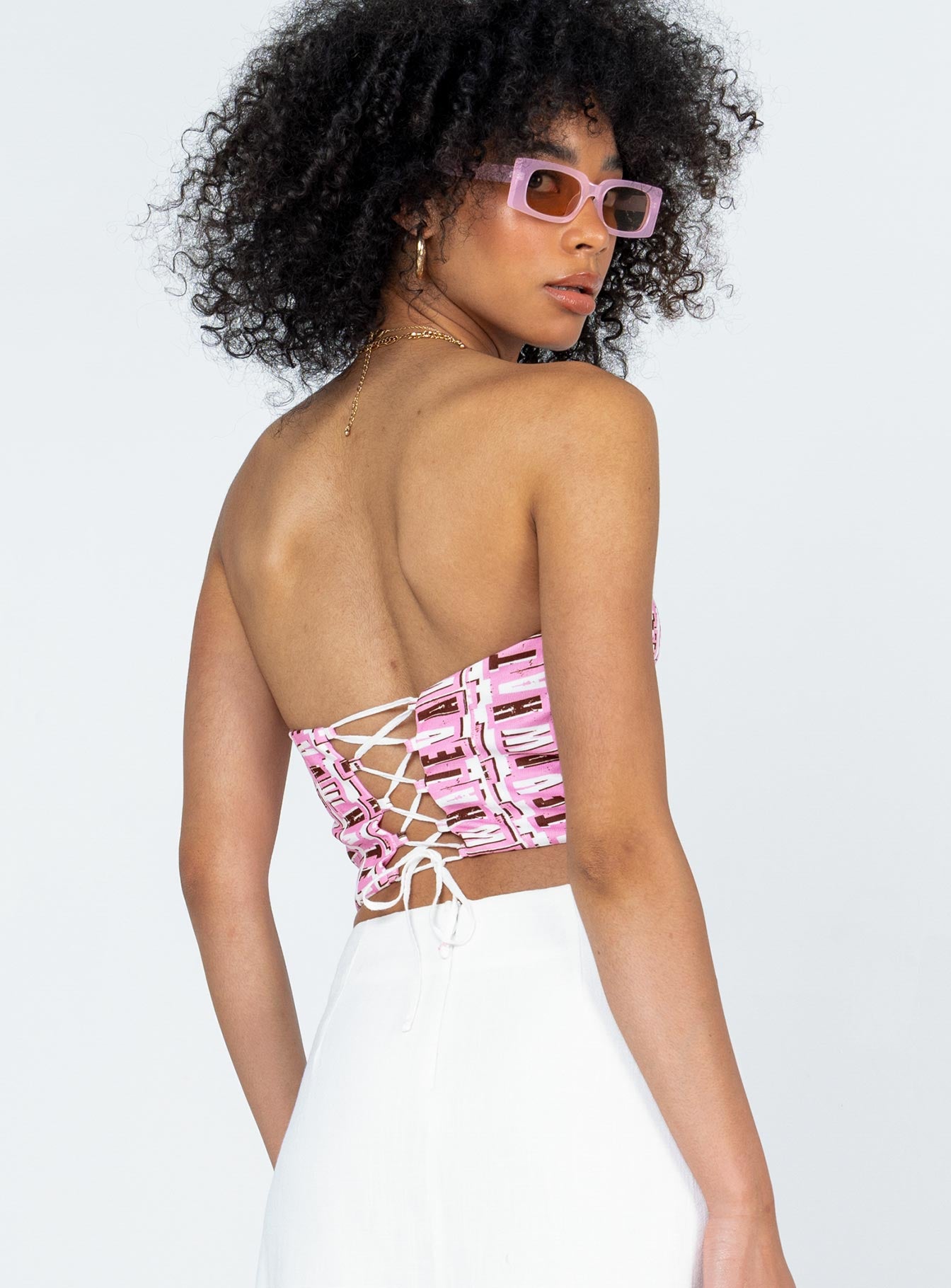 back view of model wearing Princess Polly Whateva Bustier Pink Multi 