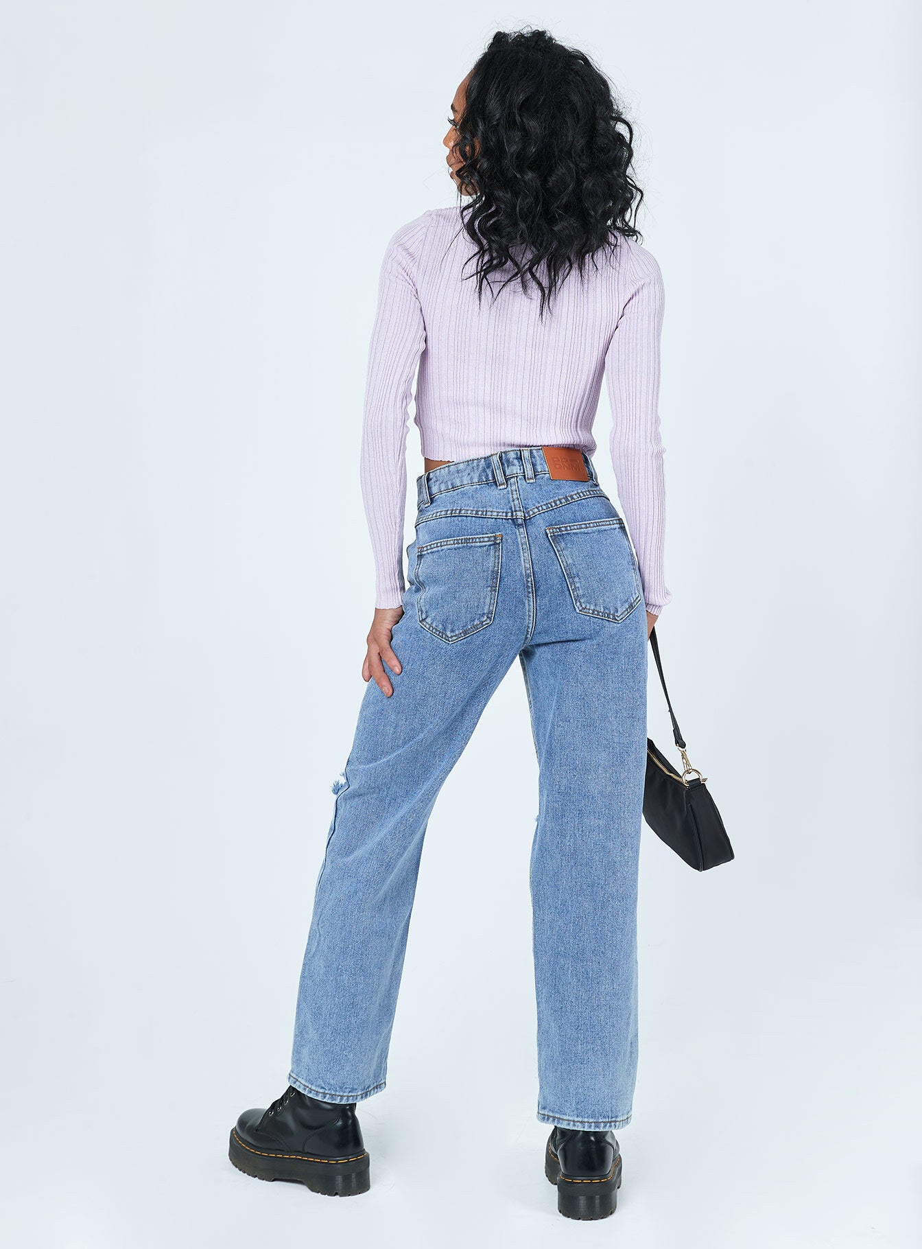 back view of model wearing Princess Polly Vienna Straight Leg Denim Jeans High Waisted 