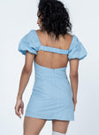 back view of model wearing Princess Polly Johan Mini Dress Blue Square Neck 