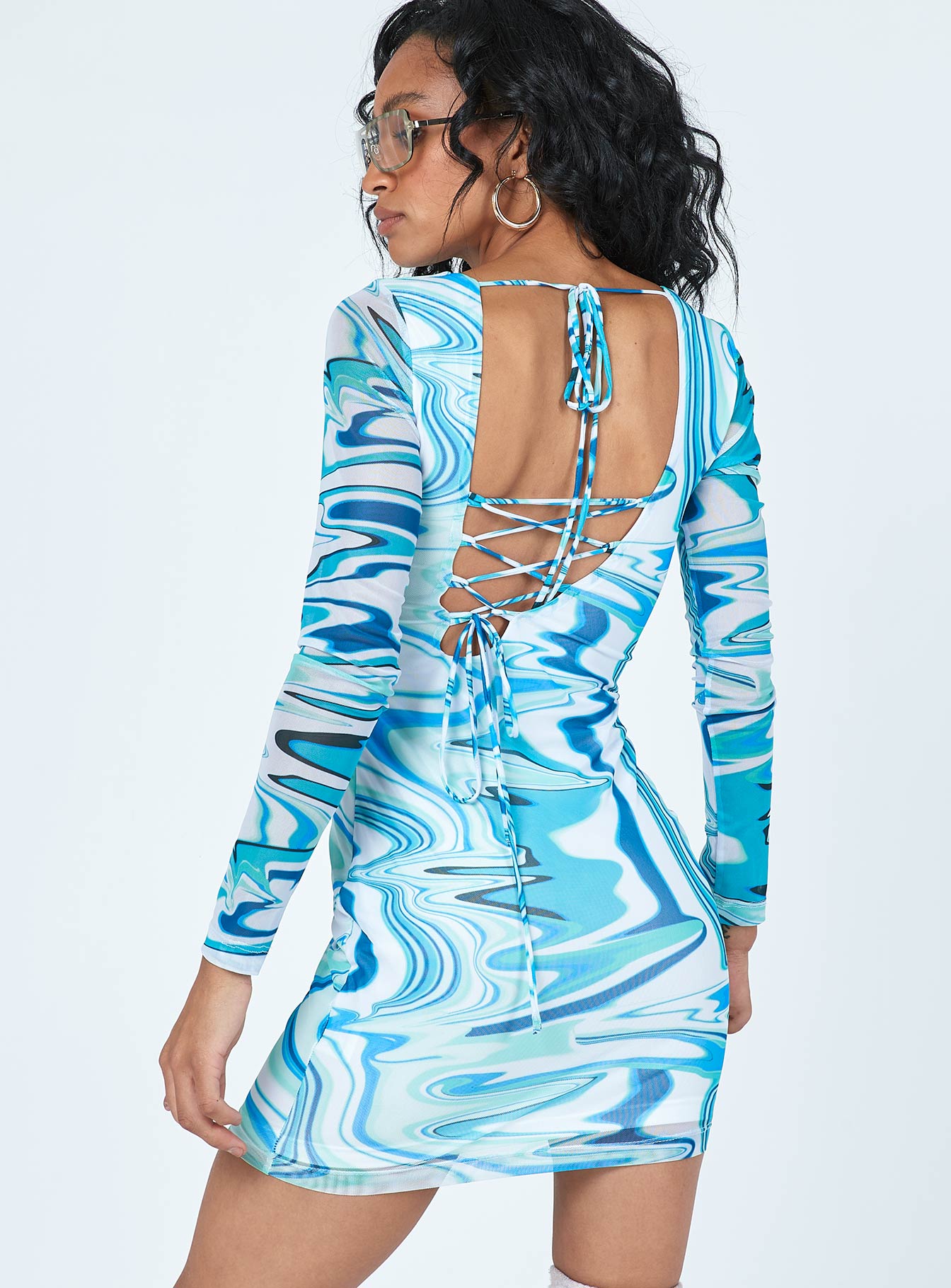 back view of model wearing Princess Polly Beckett Long Sleeve Mini Dress Blue 