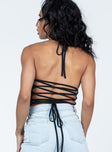 Black crop top Halter neck tie fastening  Lace-up back  Waist wrap tie  Good stretch  Fully lined 