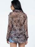 Blouse Leopard print  Sheer material Printed design Button front fastening Single-button on cuff Scooped hemline