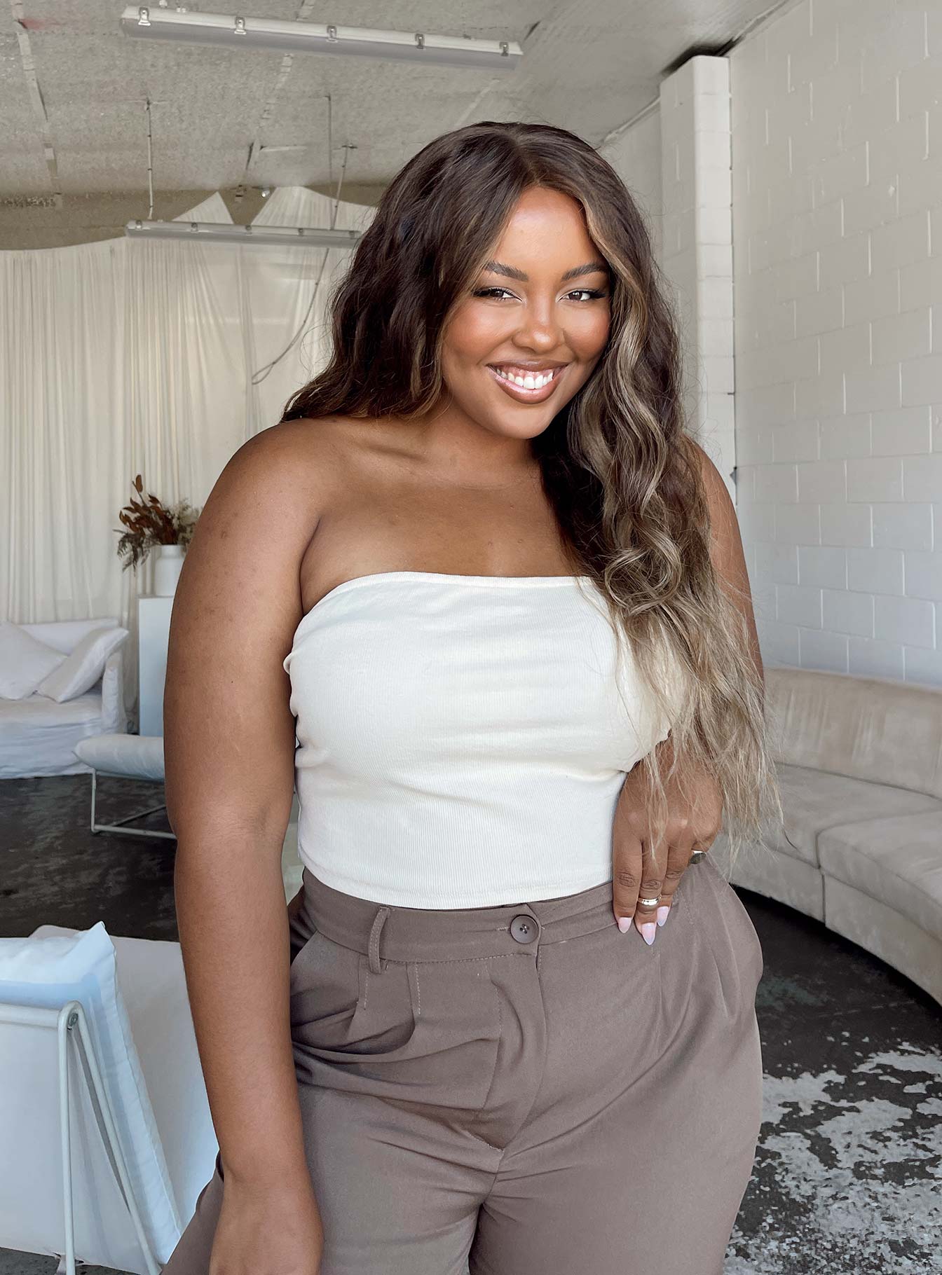 product Princess Polly Sleeveless Crew Neck  Rosehill Strapless Top Beige Curve