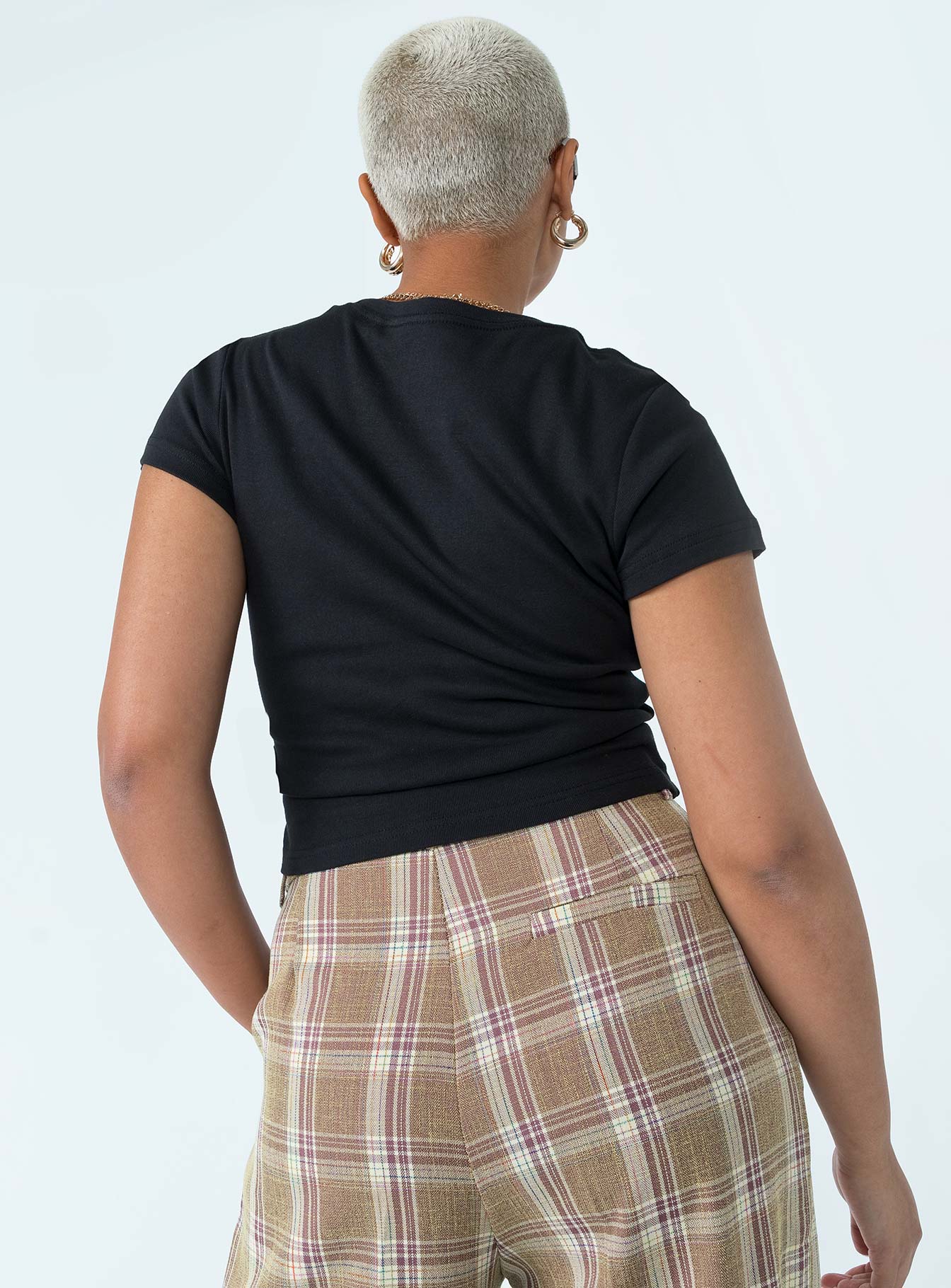 back view of model wearing Princess Polly Taz You Devel Longline Baby Tee Black Short Sleeves Crew Neck 