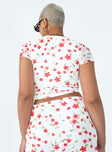 White crop top Mesh material  Floral print Sheer cap sleeves  Good stretch   Lined body 