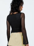 Long sleeve top Mesh material Tie fastening at bust Good stretch Lined body