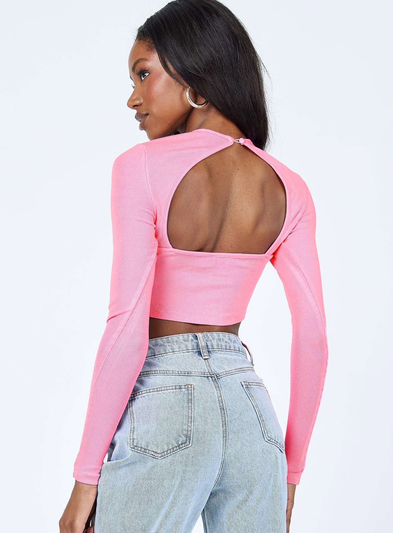back view of model wearing Princess Polly Rayna Long Sleeve Top Pink 