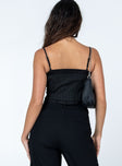 Black corset Pinstripe print Adjustable shoulder straps Hook front fastening