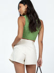 Shorts High waisted  Zip & button front fastening  Belt looped waist  Pleated waist  Twin hip pockets 