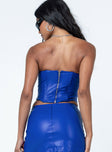 Blue bustier top Faux leather material  pointed neckline  Boning throughout  Zip fastening at back  Fully lined 