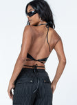 back view of model wearing Princess Polly Grady Top Black Sleeveless V-Neck 