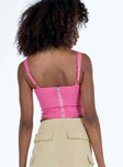 Pink crop top Inner silicone strip at bust Sweetheart neckline Ruched bust Wired cups Zip fastening at back Boning through front