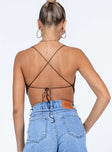 back view of model wearing Princess Polly Julia Top Brown Sleeveless Cowl 