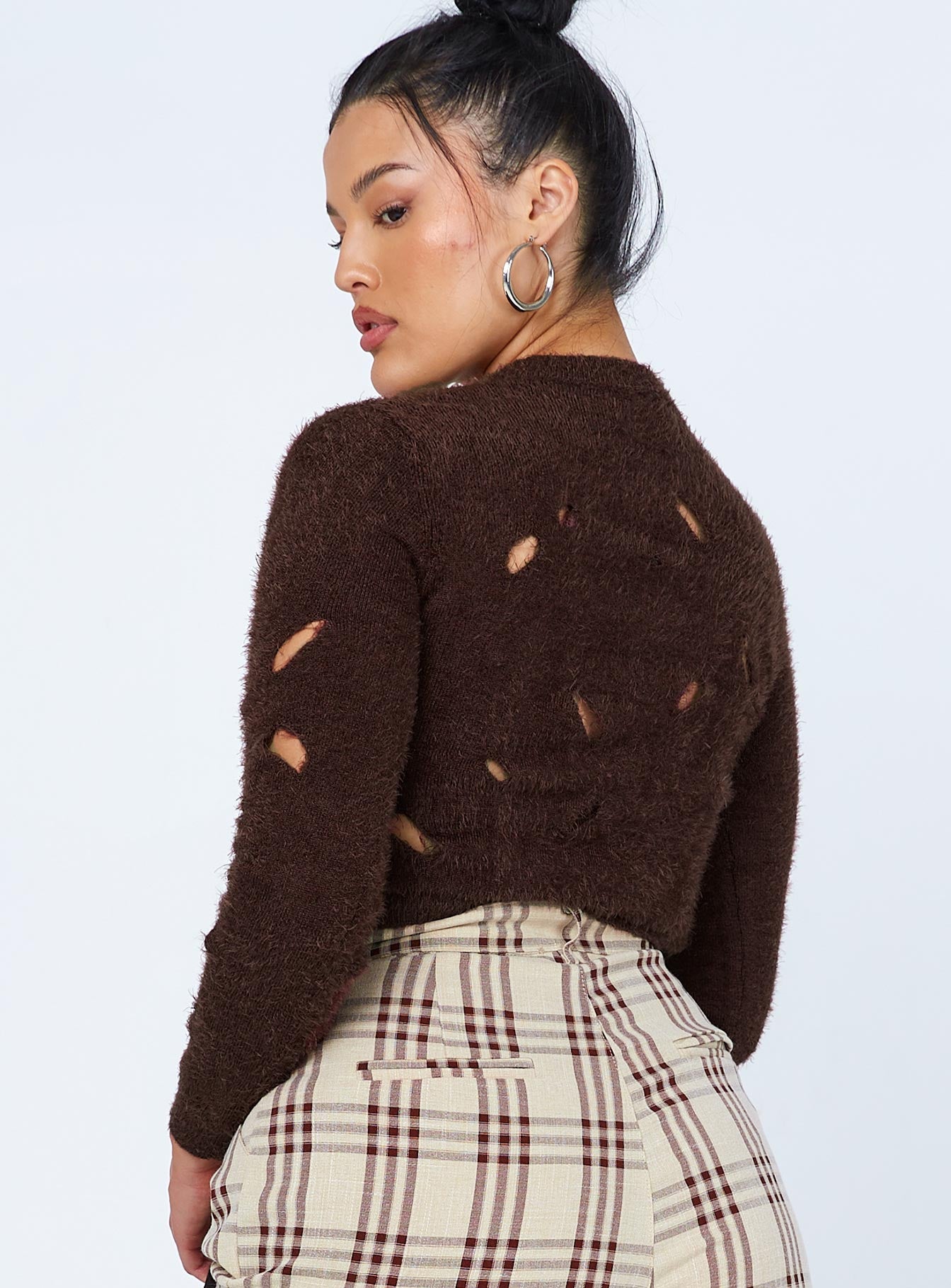back view of model wearing Princess Polly Astrella Sweater/Jumper Brown 