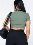 Khaki crop top Ribbed material Cap sleeves  Twisted bust  Invisible zip fastening at side  Good stretch 