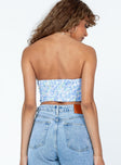 back view of model wearing Princess Polly Saddlers Strapless Top Blue Sleeveless Square Neck 