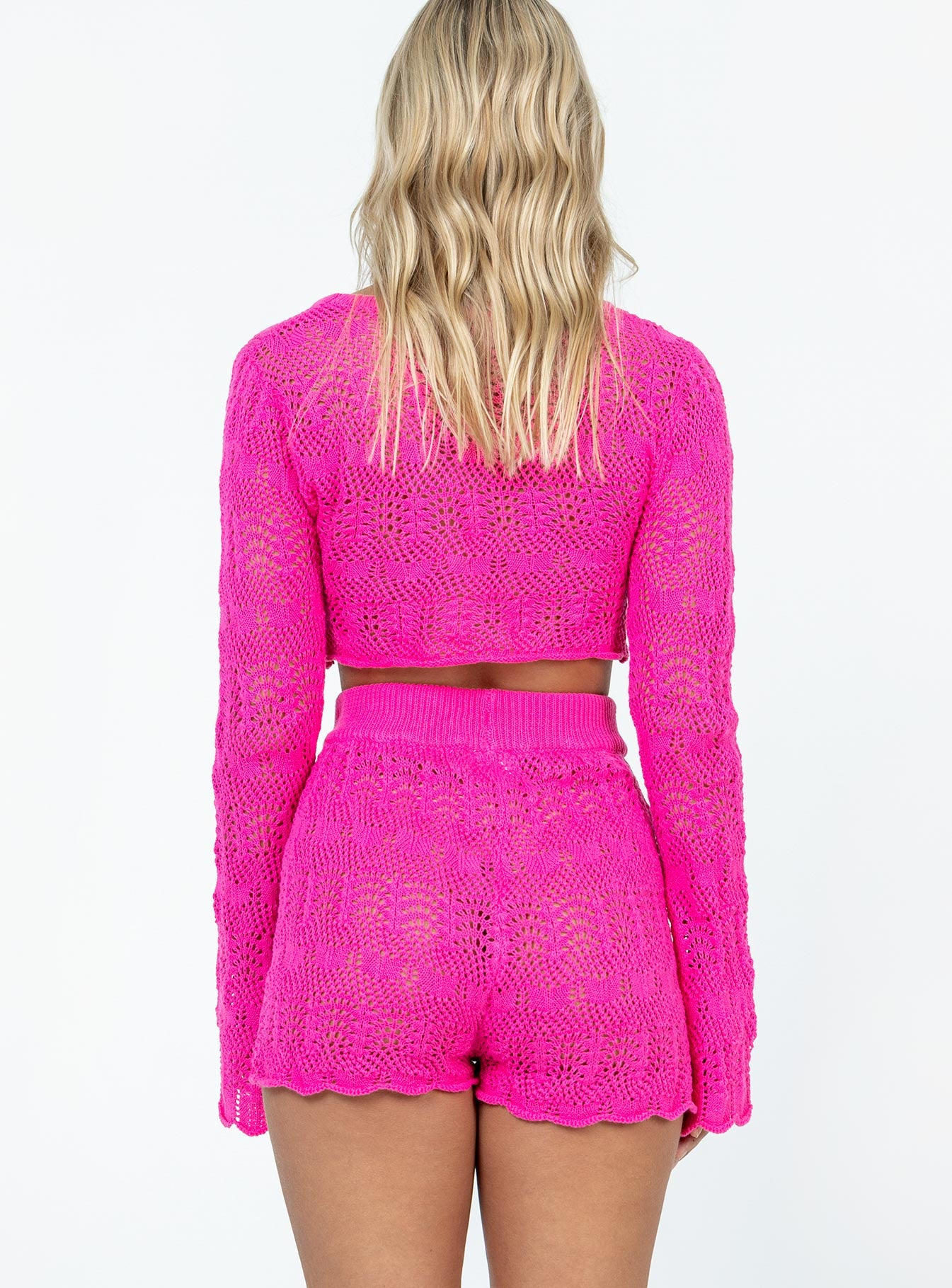 Matching set Sheer crochet material  Long sleeve crop top Flared sleeves  High waisted shorts Elasticated waistband