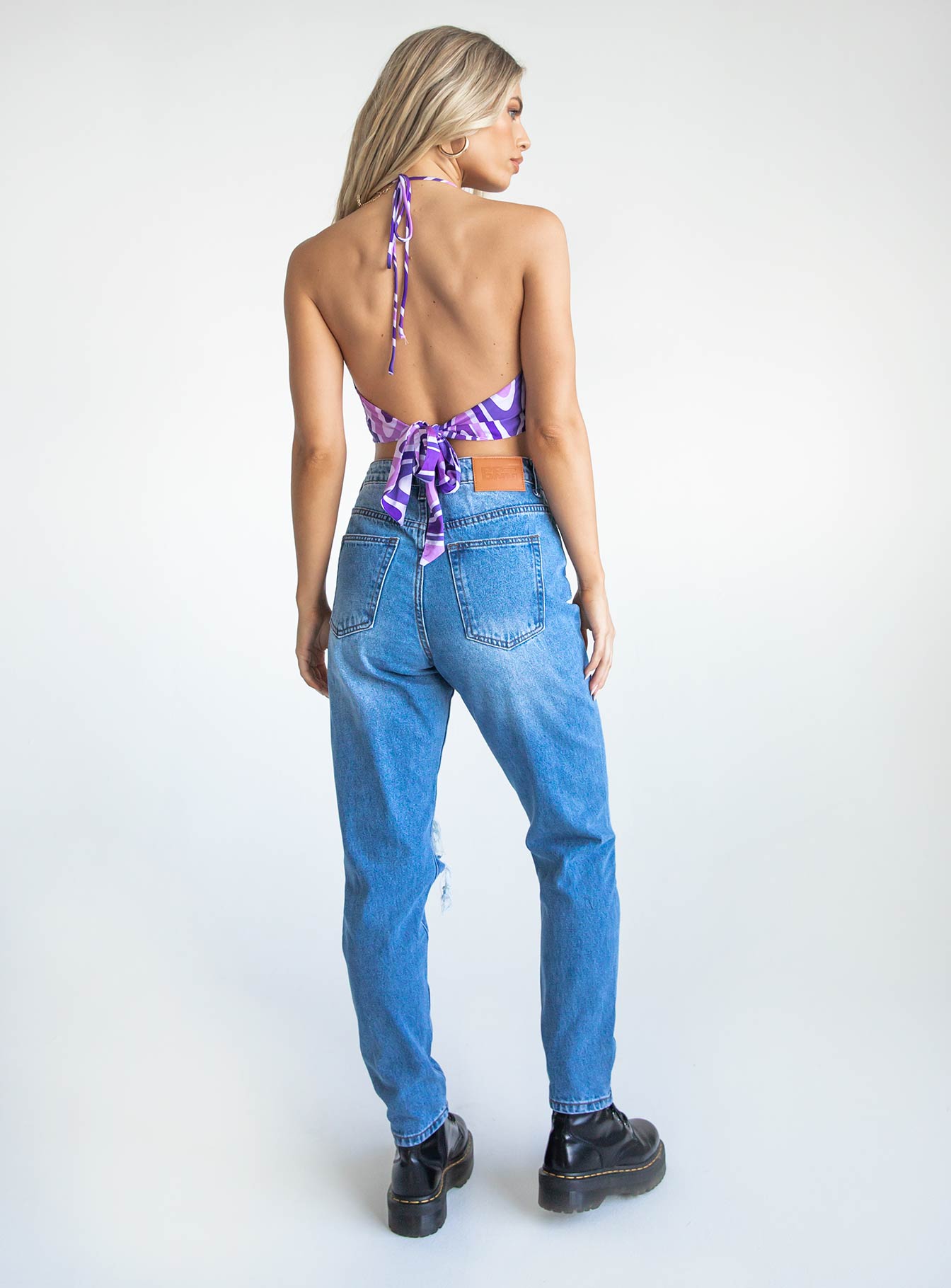 back view of model wearing Princess Polly Damion Ripped Mom Denim Jeans Mid Rise 