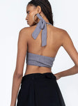 Vest top Pinstripe print Tie fastening halter neck Plunging neckline Shirred back Lace up front