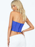 Blue strapless top Corset style Inner silicone strip at bust Boning throughout Zip fastening at back Curved hem