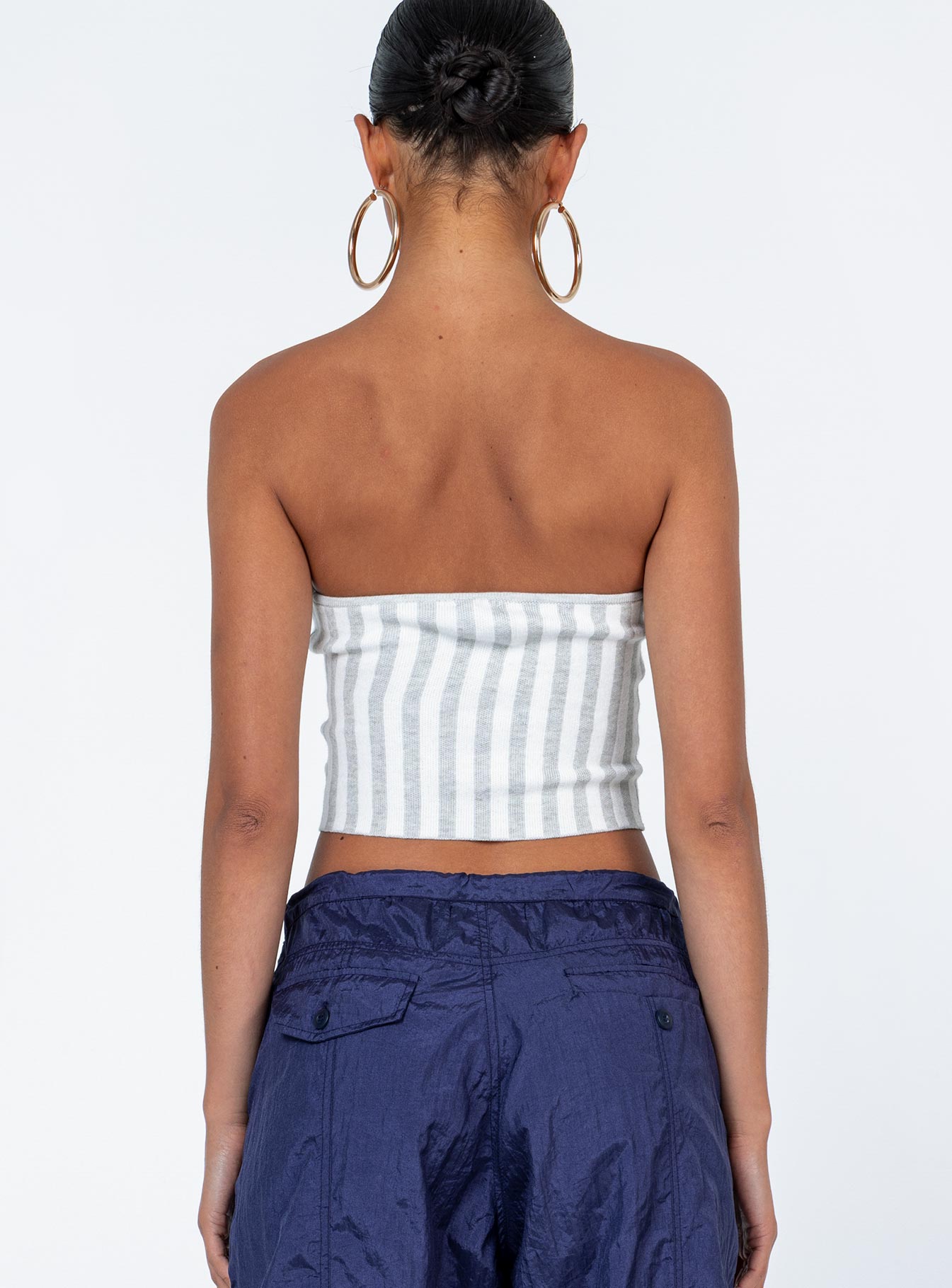 back view of model wearing Princess Polly Tarian Top Grey Stripe Sleeveless Sweetheart 