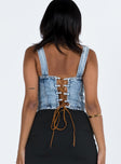 Corset top Light wash denim Fixed shoulder straps Plunging neckline Silver toned hardware Button fastening at front Lace up with tie fastening at back